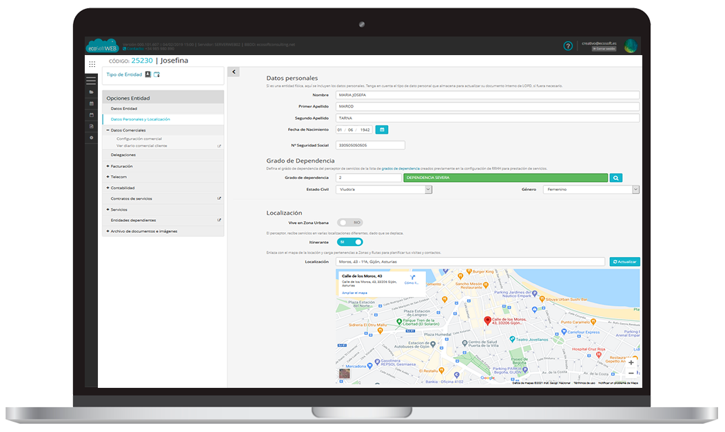 Panel de planificación y asignación de servicios a clientes en el software de gestión ecoSoftWEB